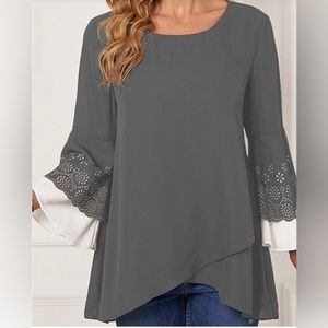 NWOT Loveudear Gray Lace-Accent Bell-
Sleeve Hi-Low Top